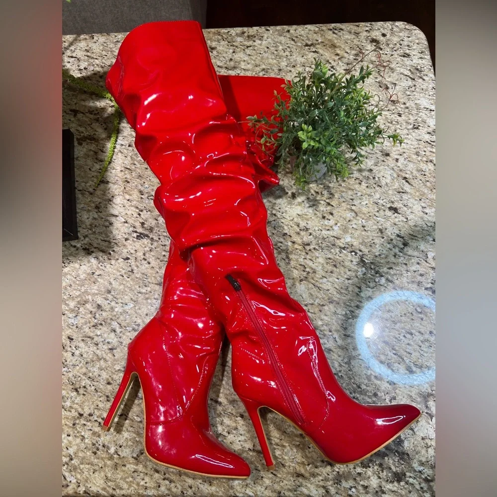 PLT Red Patent Leather Thigh High Slouch Pointed Toe Over The Knee Boots 10 - Picture 5 of 11